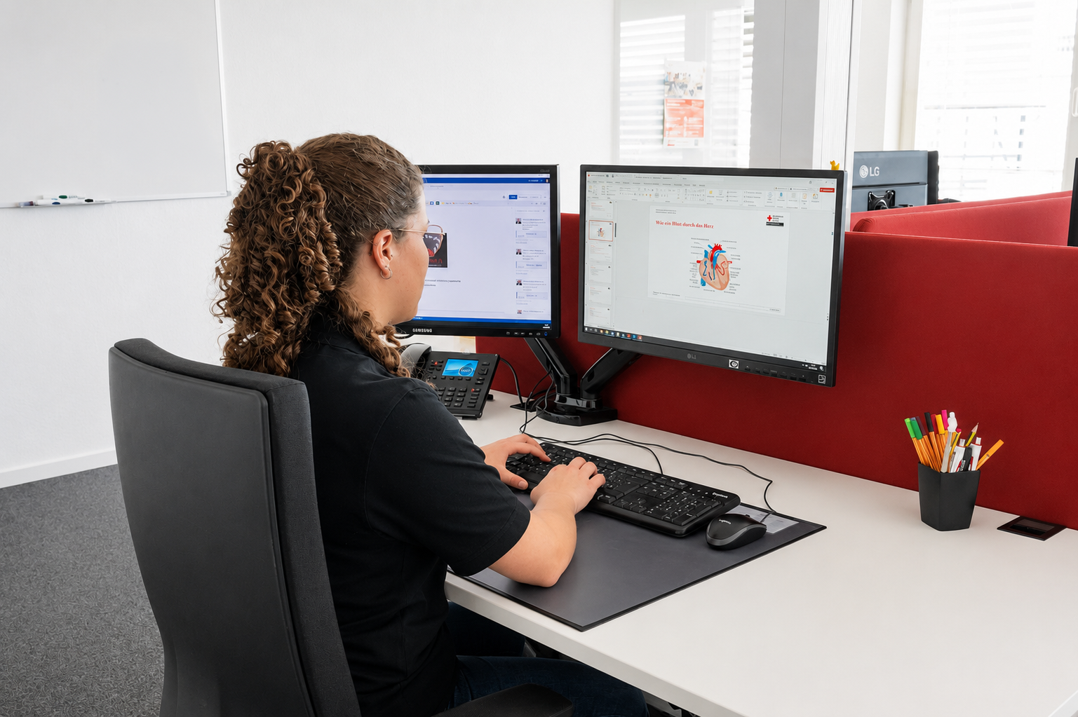 Mitarbeiterin der Rettungsdienstschule arbeitet an einem Büroarbeitsplatz mit zwei Monitoren.